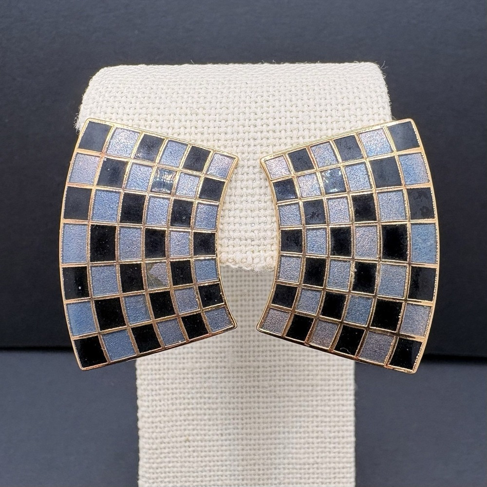 Vintage Crown Trifari Art Deco Style Checkered Clip on Earrings Gray Black